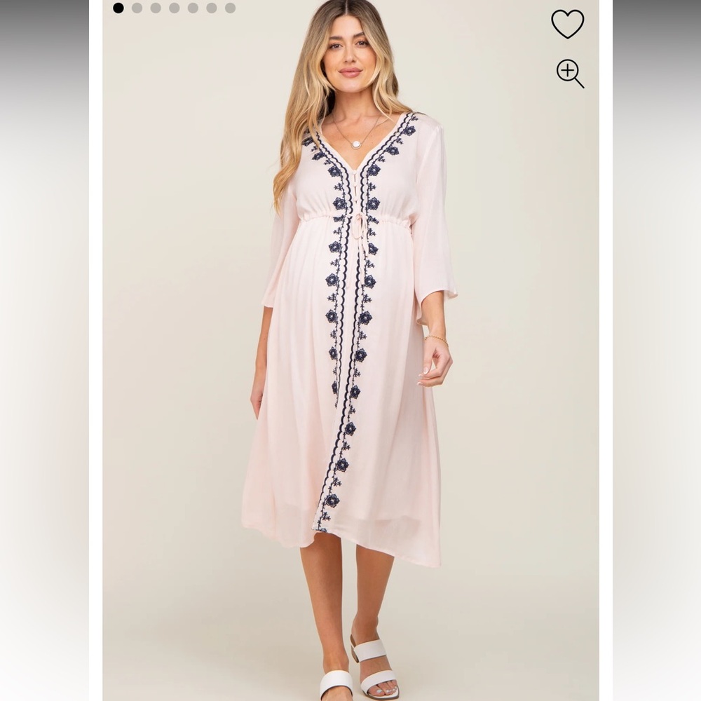 PinkBlush Light Pink Floral Embroidered 3/4 Sleeve Maternity Midi Dress Medium